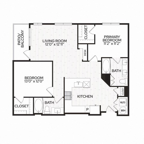 Floor plan for 2 beds, 2 baths, 1071 sqft